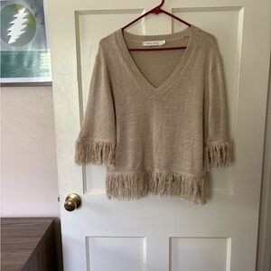 Madewell Cream V-Neck Sweater with Fringe